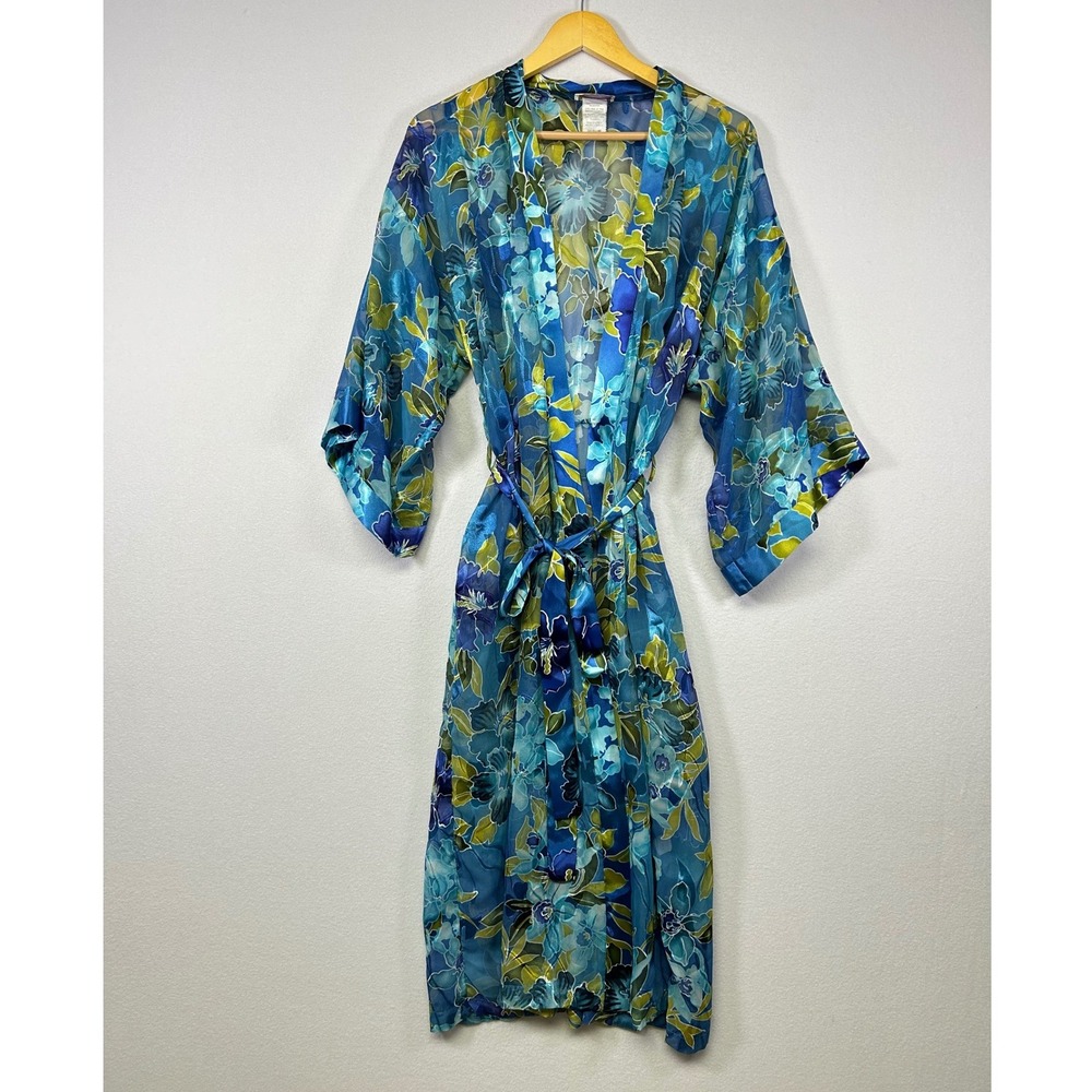 Hibiscus California Dynasty Floral Robe Womens Medium Blue Green Kimono Belted‎